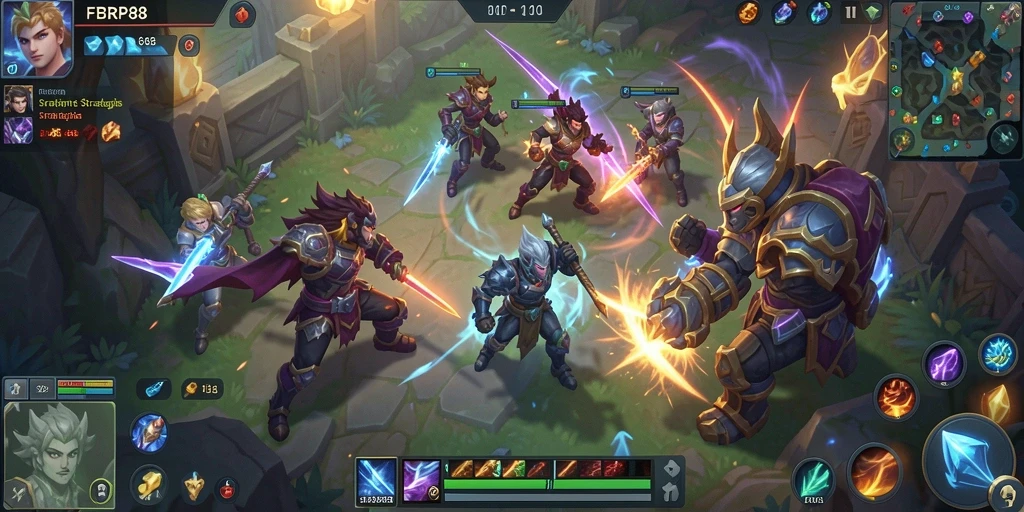Screenshot gameplay FBRP88 dengan aksi pertarungan karakter MOBA.