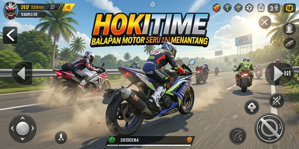 Tampilan penuh aksi dari gameplay HOKITIME dengan balapan motor yang seru.