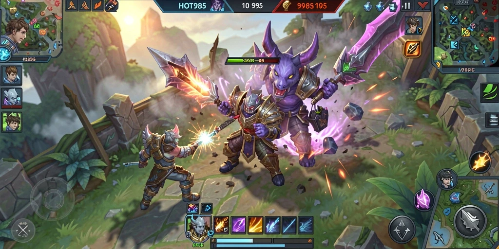Menampilkan karakter dalam pertempuran seru di arena MOBA.