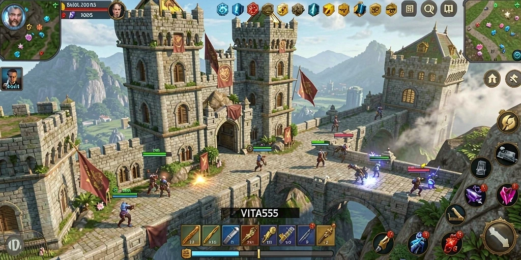 Screenshot gameplay VITA555 menampilkan aksi pertahanan menara yang intens.